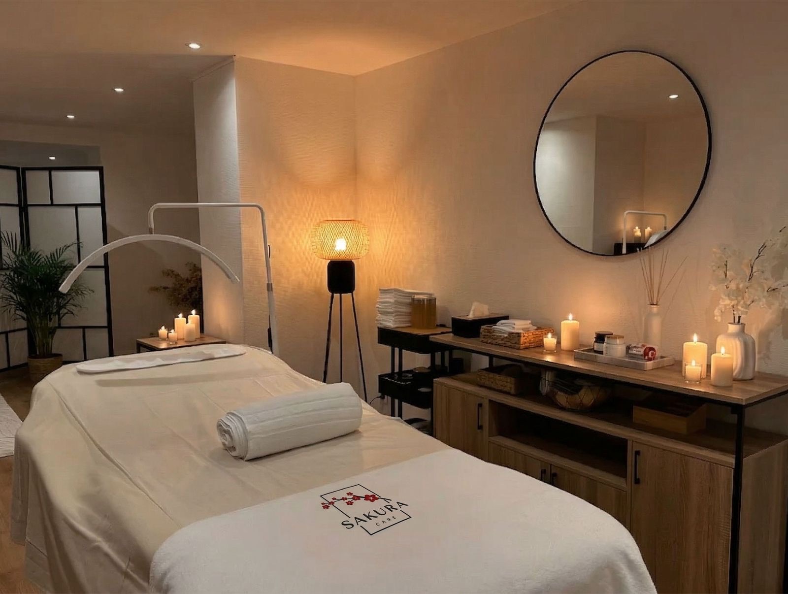 Une cabine Sakura Care, lumière douce et bougies